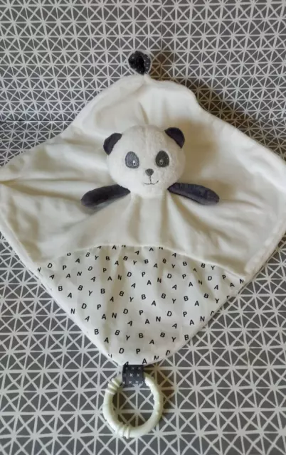 Doudou plat panda baby panda blanc gris anneau Sauthon