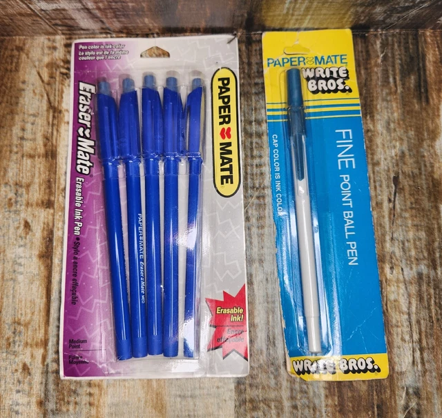 VINTAGE ERASER MATE Pens Blue NOS Pack Of 5 Paper Mate Fine Ballpoint