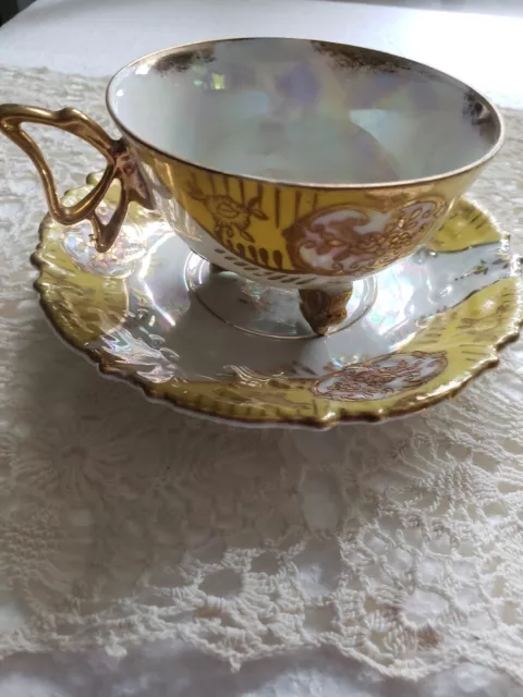 Vintage O.T.K. China (Japan) TEACUP & SAUCER Yellow/White Gold Butterfly Handle