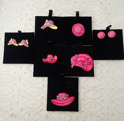 VTG Lot of 7 Pink Enamel Rhinestone Hat Pin Brooches Earrings Salesman Samples