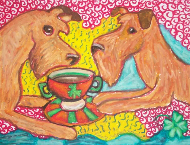 IRISH TERRIER drinking Coffee 4 x 6 ART Print Signed by Artist KSams Folk Dogs