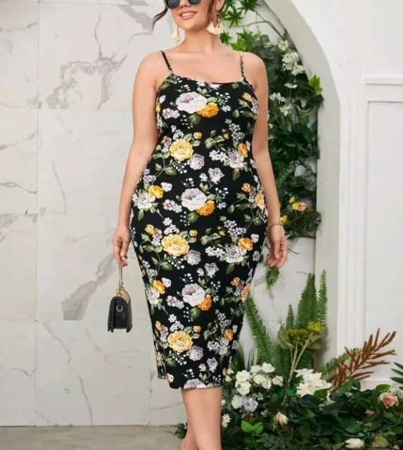 Womens Size 20 UK Black Floral Bodycon Dress Flower Long Midi Brand New 2XL