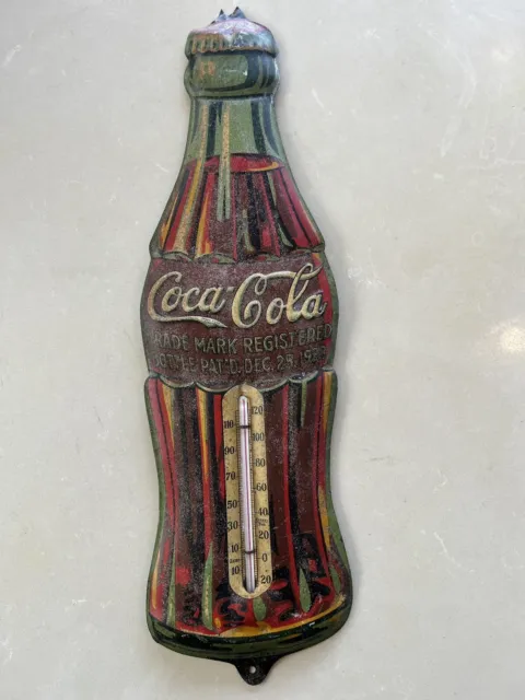 Vintage 1923 Coca Cola Tin Advertising Thermometer Sign Christmas Xmas Bottle