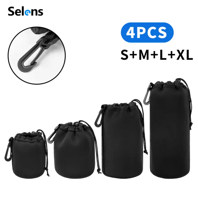 4x Camera Lens Pouch Bag Soft Neoprene Drawstring Protector Case Set Waterproof