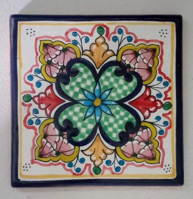 Vintage Hand-Painted Ceramic Tile Trivet, Glazed Terra Cotta Shamrock Hot Plate