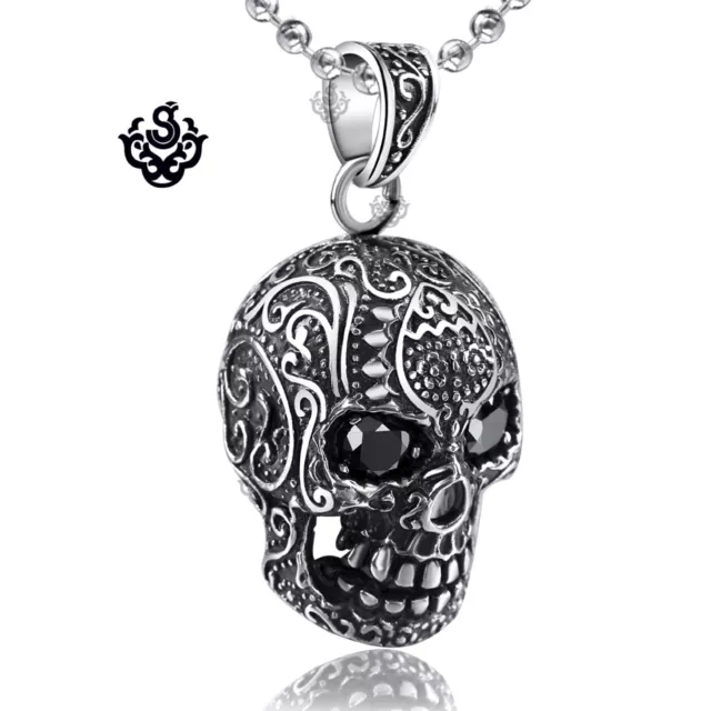 Silver skull pendant made with swarovski crystal black stainless steel necklace