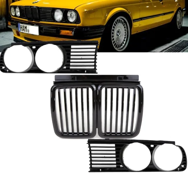 Grill + Scheinwerferblenden hochglanz schwarz für BMW 3er E30 Facelift 1987-1992