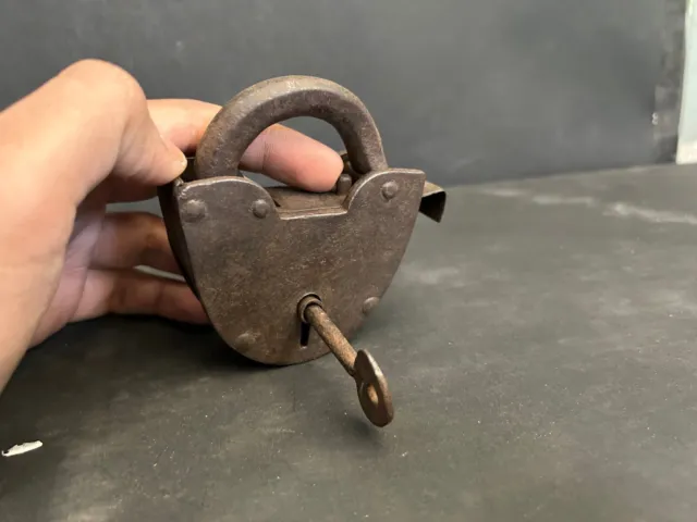 Rare Old Vintage Rustic Iron Handmade Unique Tricky Padlock With Key,Collectible