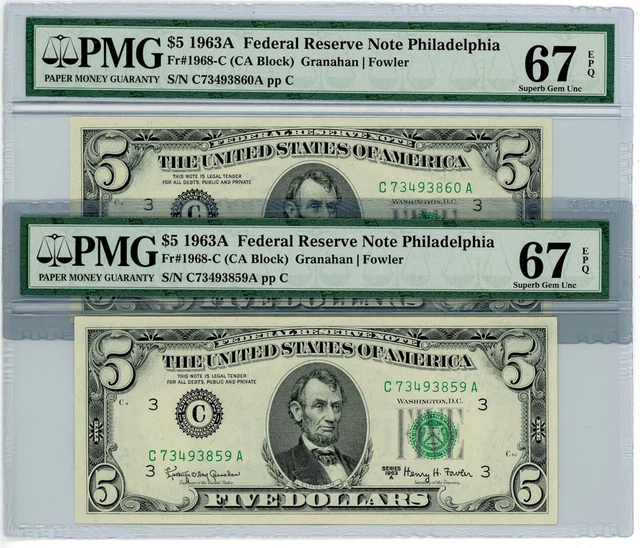 Fr. 1968-C $5 1963A 2 Consecutive Federal Reserve Notes Philadelphia 67 EPQ PMG
