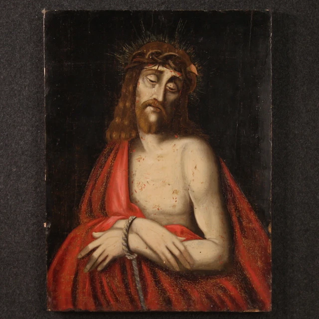 Cristo Ecce Homo pintura oleo sobre panel cuadro religioso antiguo siglo XVIII