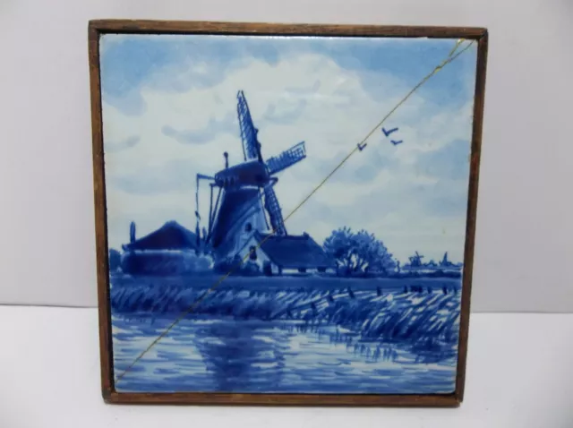 Vintage ROYAL DELFT DE PORCELEYNE FLES Tile WINDMILL SCENE Repaired