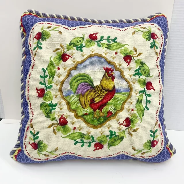 Wool Needlepoint Aubusson Pillow Rooster Floral 15 x 15 Tapestry Petit Point