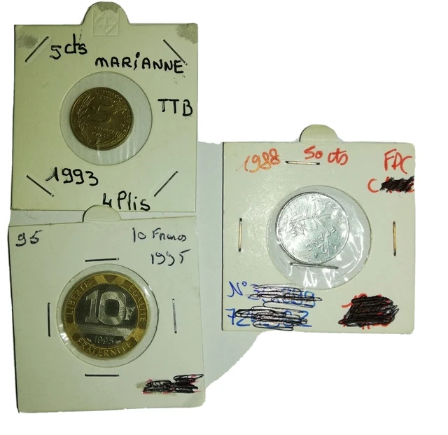 Pièces 50 Centimes 1988, 5 cts 1993 4 PLIS et 10 Francs 1995