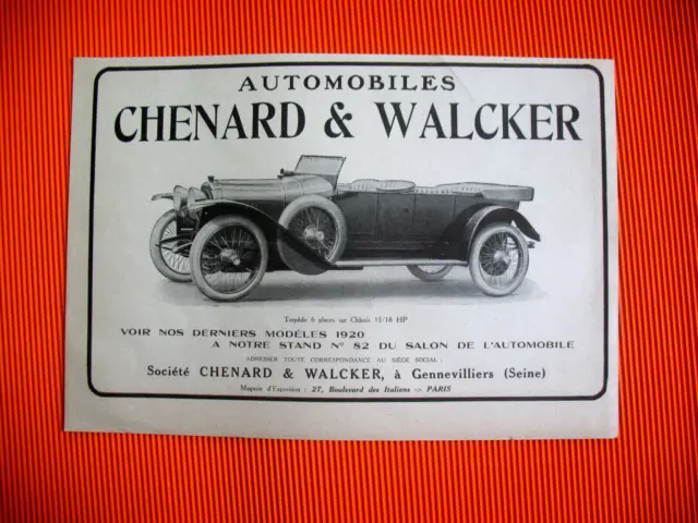 Publicite De Presse Chenard & Walcker Automoibile Torpedo 6 Places Ad 1920