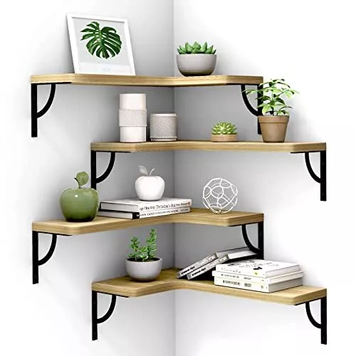 Corner Floating Shelves Wall Mounted Set of 4, Wood Display Natural Wood