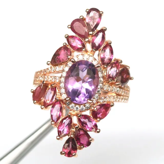 Non Chauffé Améthyste, Rhodolite & Zircone Bague 925 Argent Sterling Taille 7