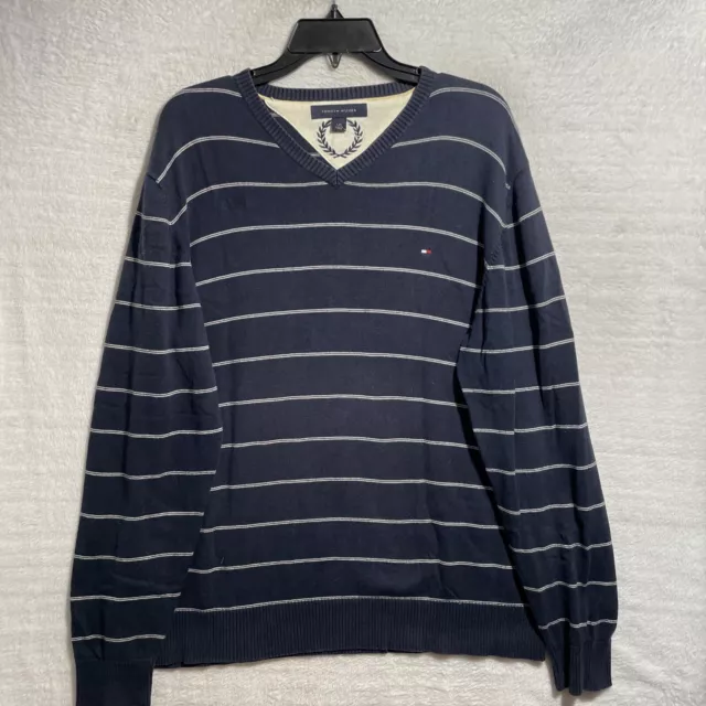 Tommy Hilfiger Sweater Mens Large Blue Stripe Cotton Long Sleeve Flag V Neck