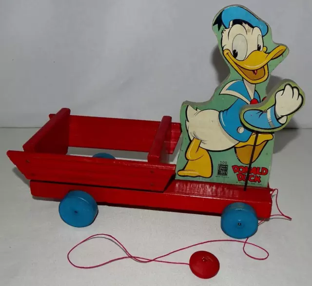 Ex+ Disney 1951 "Donald Duck Cart" Fisher Price Pull Toy #-500"+Dome Style Knob