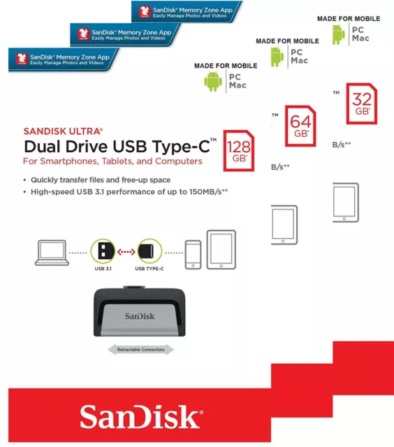 New SanDisk OTG Ultra Dual Drive 32GB 64GB 128GB Type-C USB 3.1 Flash Memory