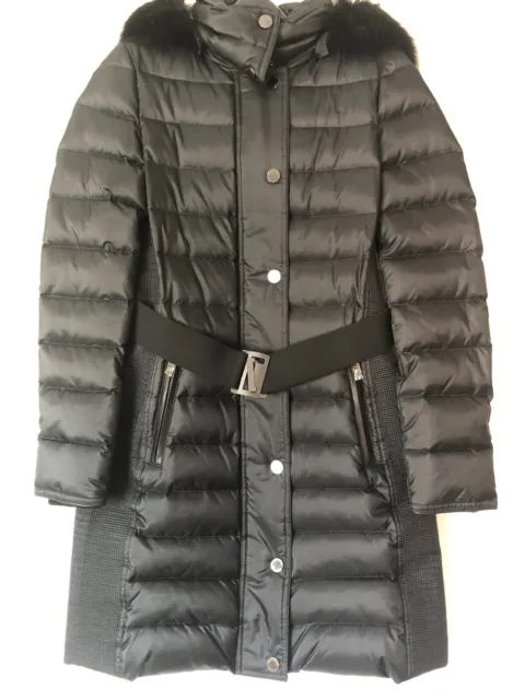 NWT Burberry Abbeydale Fur And Leather Trim Puffer Down Coat Jacket Black 00 XXS