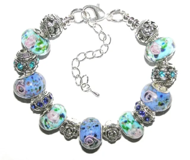 Beautiful Blues European Style Charm Bracelet With Murano Glass & Crystal Beads