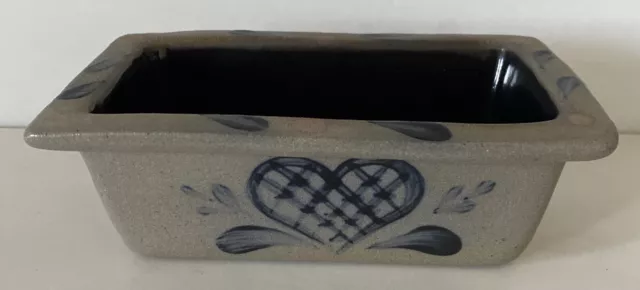 Rowe Pottery Works Salt Glazed Loaf Pan Cobalt Blue Designs Marked 7” Long 1995