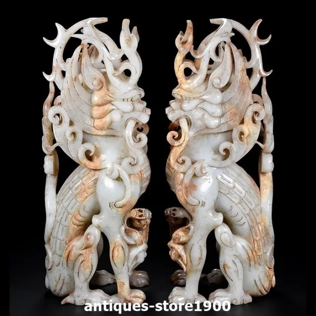 12.5" Old China Hetian Jade Nephrite Qilin Kylin Dragon Beast Statue A Pair