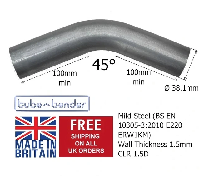 Mandrel Bent Exhaust Pipe - 90 Degree Bend, 1.75 Inch (45mm) Diameter, Mild Steel