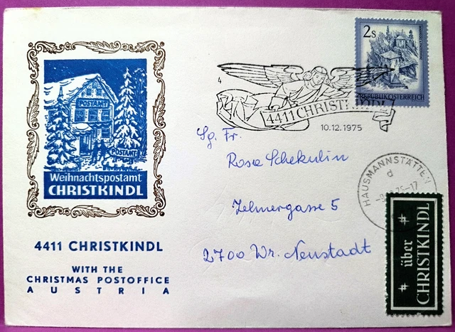 CHRISTKINDL 1975   Christkindlstempel mit Leitzettel - echt gelaufen!