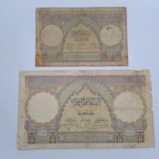 Note Morocco set 2 banknotes 100 francs different issues french protectorate