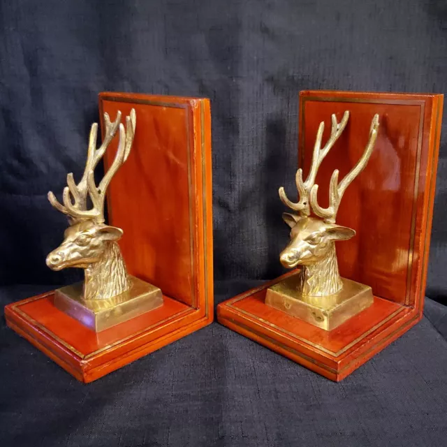 Vintage Solid Brass Deer Stag Elk Cherry Wood Bookends MCM Great City Traders