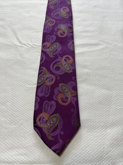 David Donahue Men Italian Silk Tie Orange/Purple Paisley Hand Made in USA EUC