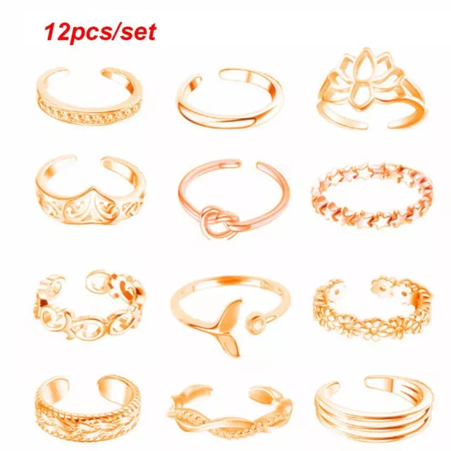 12pcs/set Toe Ring Set Foot Ring Adjustable Finger Rings Tail Ring Jewelry Gifts