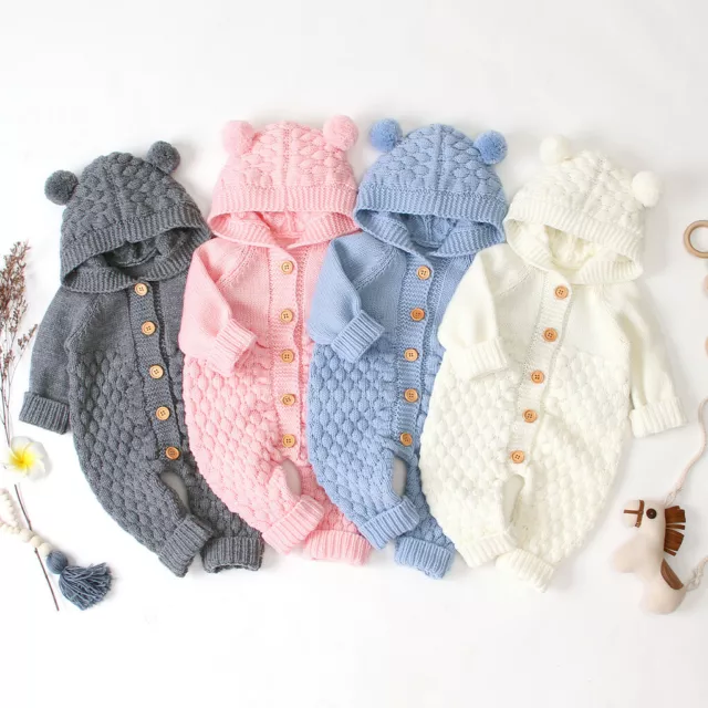 Cute Newborn Baby Boy Girl Romper Jumpsuit Outfit Knitted Hooded Sweater Clothes