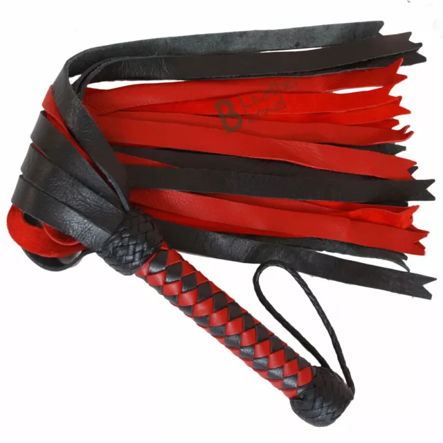 Real Genuine Cow Hide Leather Flogger 25 Falls Red Black Heavy Duty Thick Falls