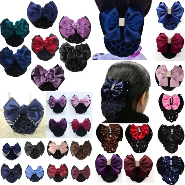 Satin Bow Barrette Hair Clip Hairpins Cover Net Bun Snood Bowknot Women Bridal