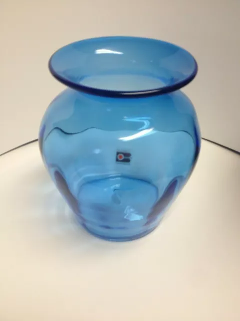 Large Vintage Blenko Art Glass Blue Vase Original Label Hand Blown