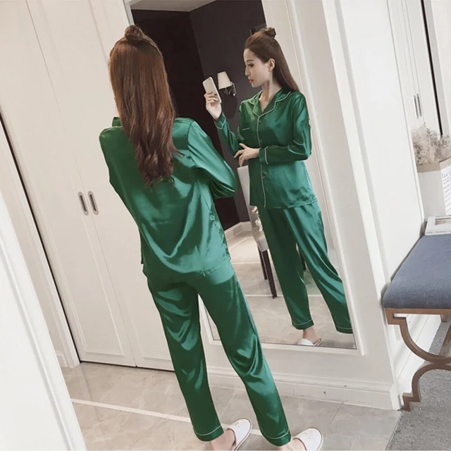 1 set pigiami donna imitazione seta maniche lunghe bottone biancheria da notte pantaloni per il