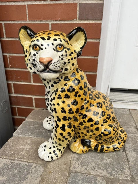 Mid Century Italian Hand Painted Majolica Ceramic Leopard Cub Statue 15" Tall