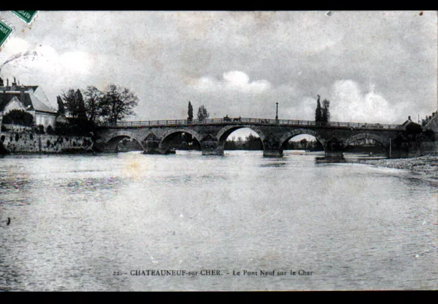 CHATEAUNEUF-sur-CHER (18) ATTELAGE sur PONT NEUF / Bords du CHER en 1908