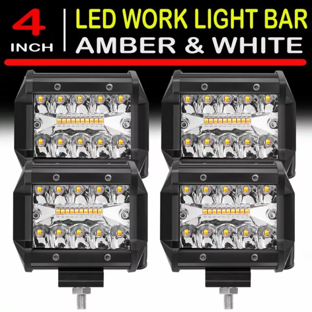 4X 4"Inch LED Work Light Bar White & Amber Strobe Lamp Combo For ATV SUV TRUCK