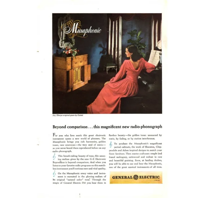 1946 General Electric Radio Phonograph Jay Thorpe gown by Czettel Print Ad VTG
