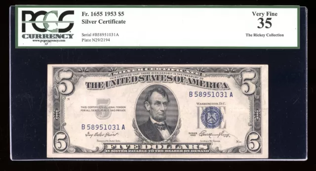 DBR $5 1953 Silver Fr. 1655 BA Block PCGS 35 Serial B58951031A