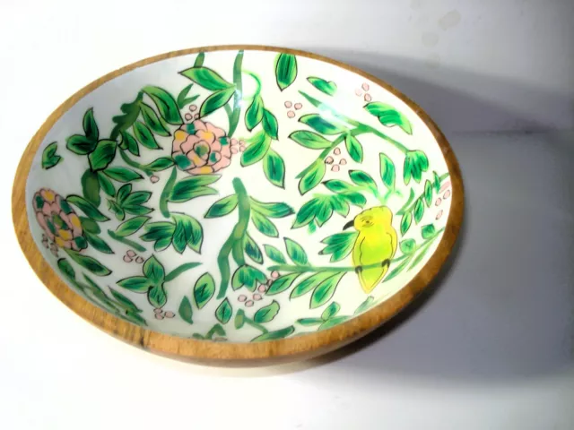 Mango Wood Serving Bowl Hand Painted Ceramic Interior Tropical Bird Botanical