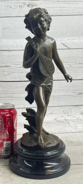 Signed Moreau Classic Bronze Sculpture Musician Statue Boy with Banjo Figure 2