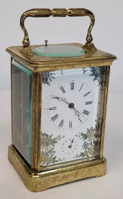 Rare Engraved Brass Bell Striking Carriage clock Painted Dial Centre Second