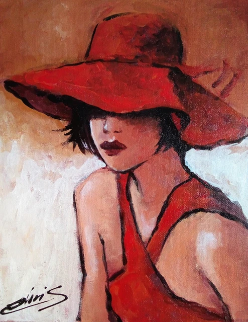 Tableau Peinture Toile Portrait La Fille Au Chapeau  Art Original Signe Chrisk
