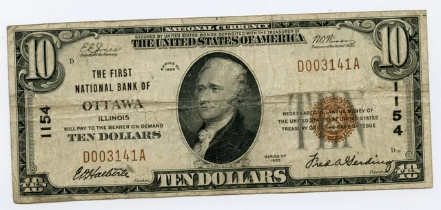 1929 TYPE 1 $10 NATIONAL CURRENCY FNB of OTTAWA, ILLINOIS CH 1154