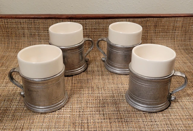 Set of 4 Wilton Armetale Pewter Coffee Mug w/ Porcelain Inserts, Plough Tavern