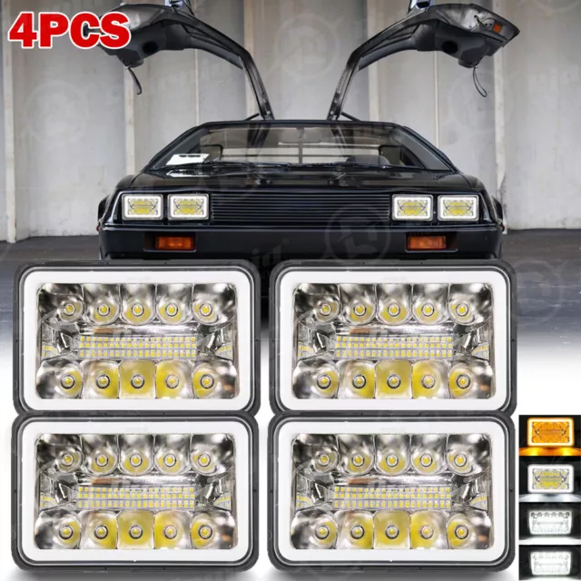 4PCS 4x6" LED Headlights Halo DRL Hi-Lo Sealed Beam For Delorean DMC12 1981-1983